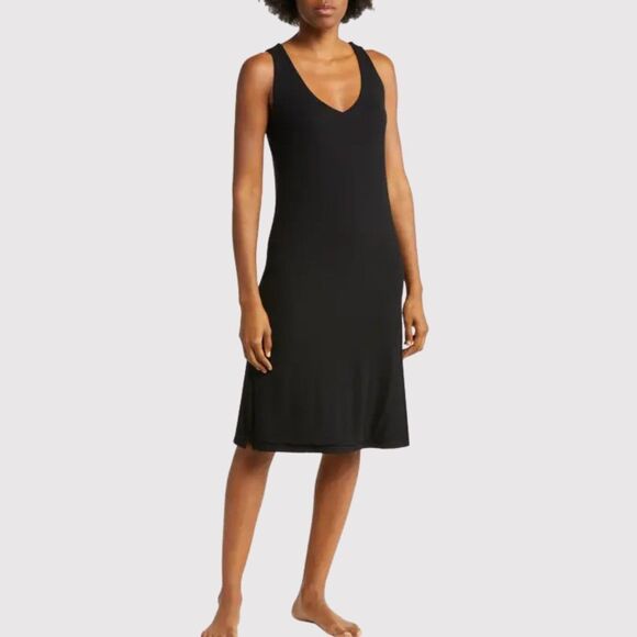 Cozy Earth Womens Sleep Dress Black Mini V Neck Ribbed Knit Nightgown Large - Picture 1 of 10